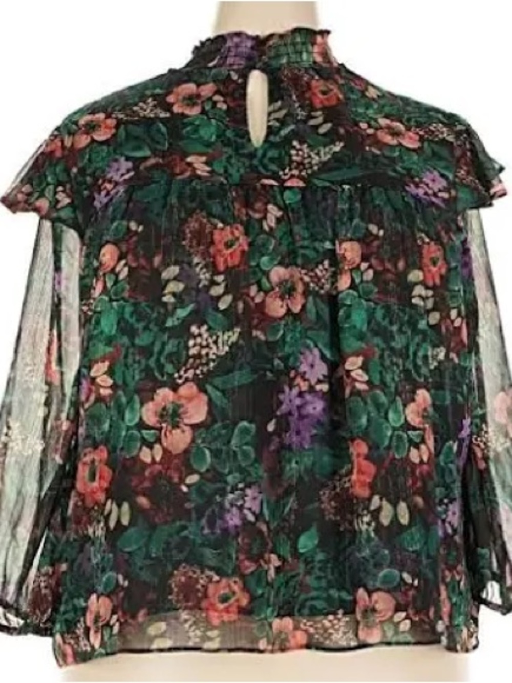 Cato Black Floral Sheer Ruffle Mock-Neck Blouse